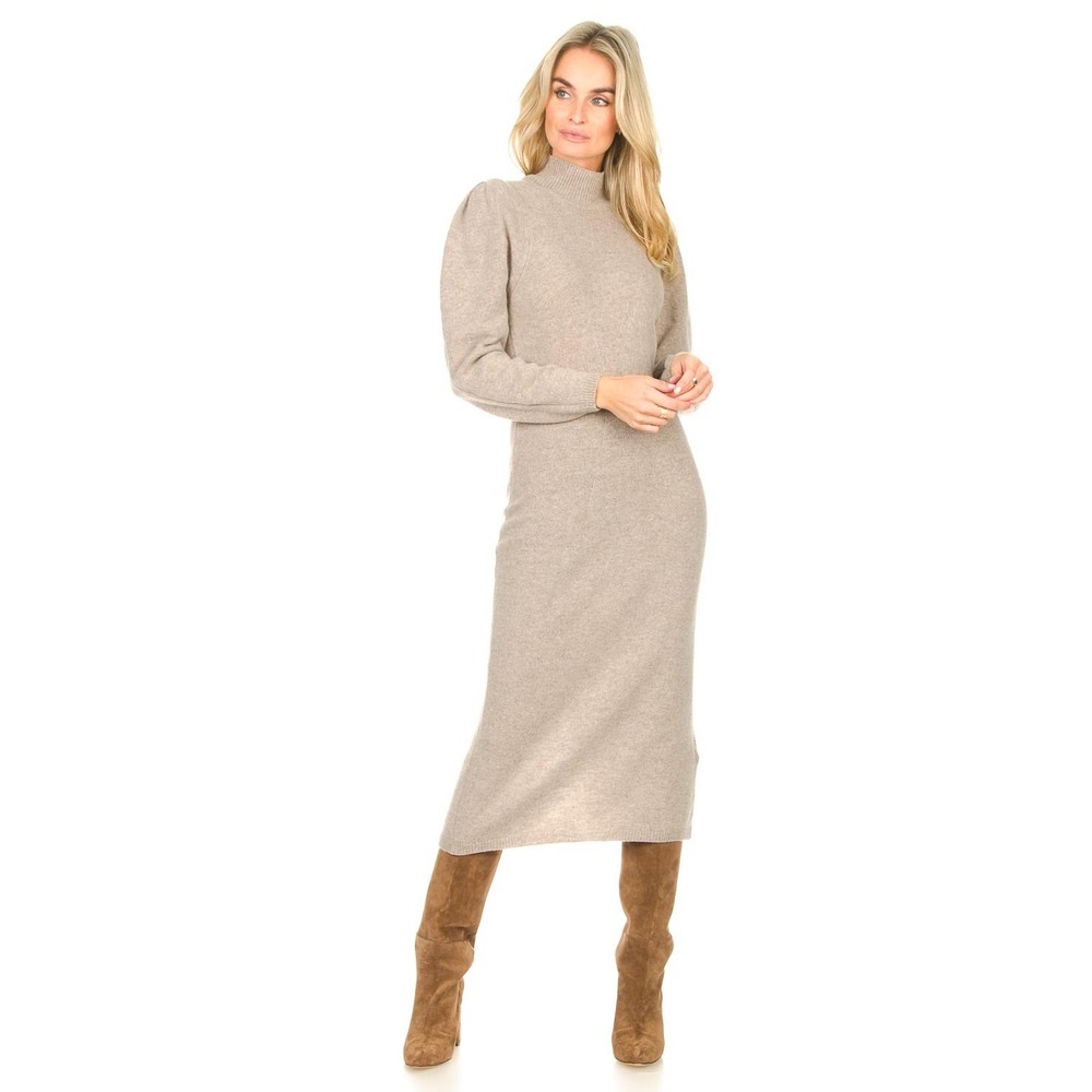 ba&sh Lady Dress Beige Wool Blend Mock Neck Puff Sleeve Midi Sweater Dress 2 M